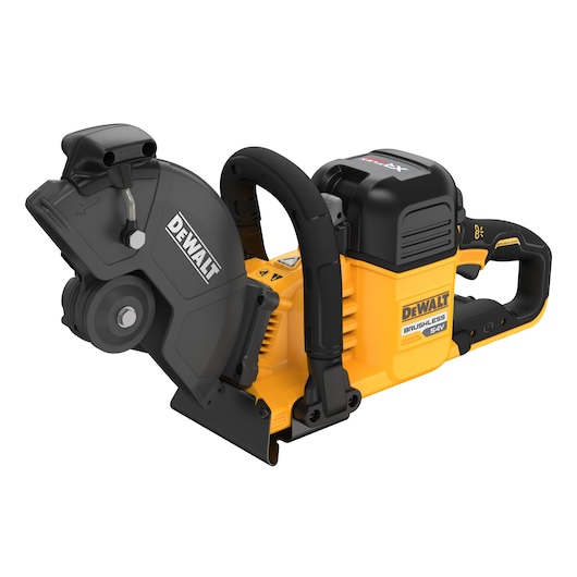 A DEWALT cordless brushless cut-off saw with a yellow and black body, featuring ergonomic handles and compact design.