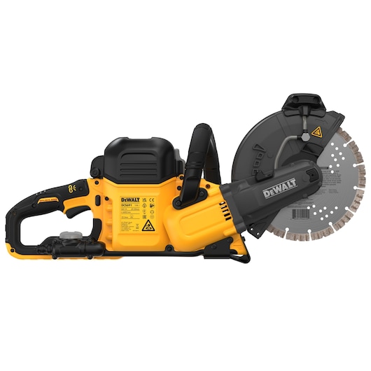 A DEWALT DCS691X2 cordless cut-off saw with a yellow and black body and a large circular blade, photographed from the side against a white background.