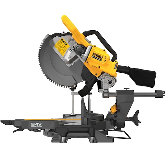 A DEWALT DCS781N 54V brushless cordless miter saw with yellow and black housing, visible circular saw blade, handle, dust collection bag, and adjustable base for precise cuts.