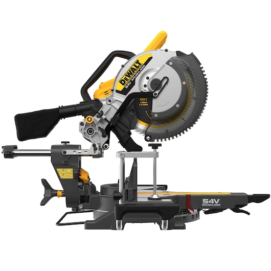 A DEWALT DCS781N 54V brushless sliding compound mitre saw with a dust collection bag, shown in a side view against a white background.