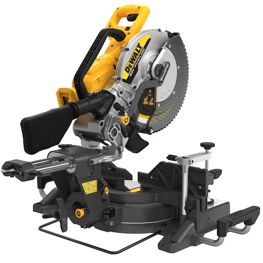 A DEWALT DCS781N cordless sliding compound mitre saw with yellow and black design, featuring a large circular blade, handle, dust bag, and robust base for precision wood cutting.