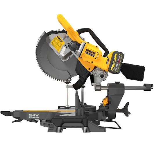A DEWALT 54V Brushless cordless mitre saw with a large circular blade, safety handle, and battery pack, designed for precise woodworking and cutting tasks.