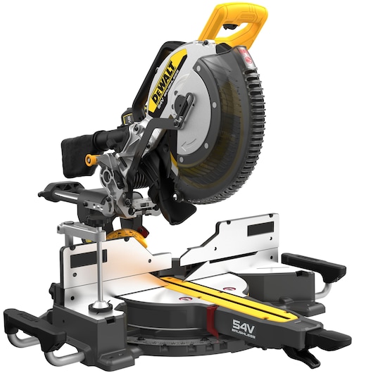 A DEWALT 54V brushless sliding compound miter saw, featuring a yellow and black design, adjustable arm, and precision cutting guides.