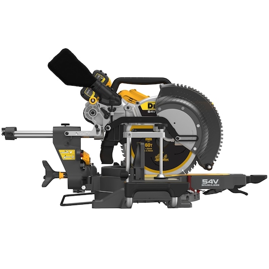 DEWALT 54V cordless sliding compound miter saw, model DCS781X2, shown in a side view with prominent blade and dust collection bag.