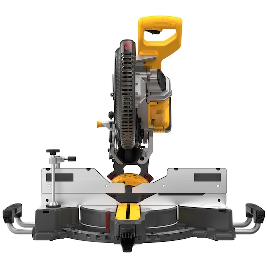 Front view of a DEWALT DCS781X2 miter saw, featuring a yellow handle, metal guard, and adjustable base for precise wood cutting.