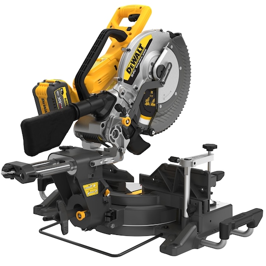 A DEWALT battery-powered sliding compound miter saw with yellow and black accents, featuring a dust collection bag and adjustable cutting fence.