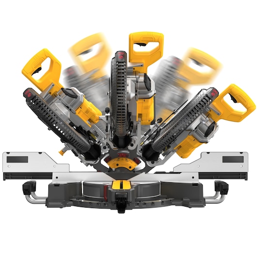 Front view of a DEWALT miter saw showing the pivoting motion of the blade and handle in multiple positions. The saw features a yellow and gray design with labeled controls and a solid base.
