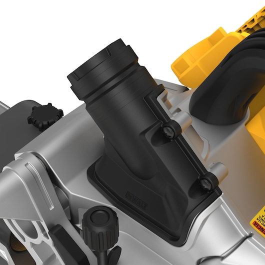 Close-up view of a DEWALT power tool component, primarily showing the black dust extraction port and adjustment knobs on the silver and yellow housing.