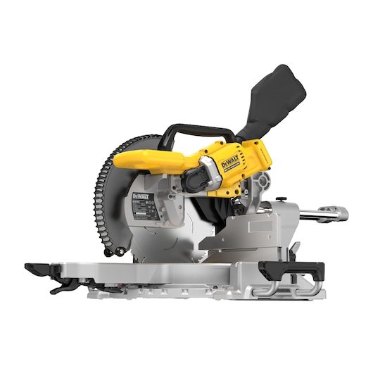 A DEWALT DCS782N cordless miter saw with a yellow and black design, featuring a large circular blade and a robust metal base. The saw is positioned for display against a white background.