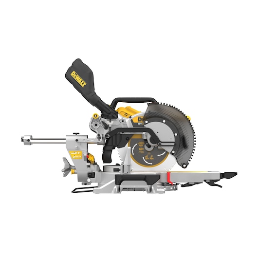 A DEWALT DCS782N sliding compound miter saw with a dust collection bag attached, shown in a side profile view on a white background.