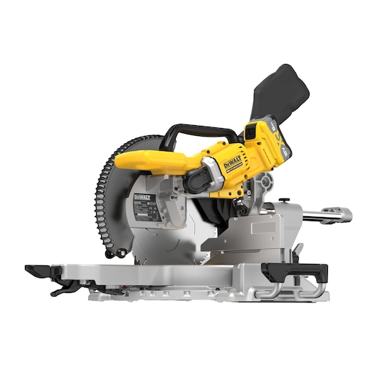 A DEWALT cordless miter saw with a yellow and black design, featuring a large circular blade, sturdy metal base, and ergonomic handle.