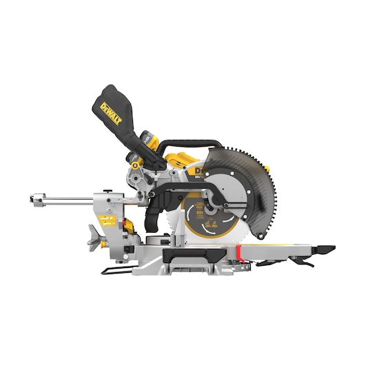 Side view of a DEWALT DCS782XW2 mitre saw, featuring a yellow and black design, a circular saw blade, dust bag, and sliding rails for precise wood cutting.