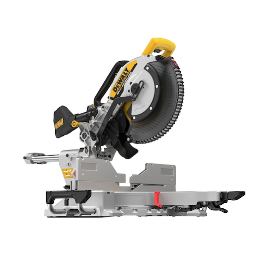 DEWALT branded sliding compound miter saw with a yellow handle, exposed blade, and metallic base, shown against a white background.