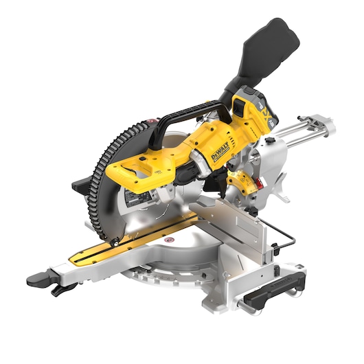 A DEWALT DCS782XW2 cordless sliding compound miter saw featuring a yellow and black design, mounted on a sturdy metal base with a protective blade guard and adjustment handles.
