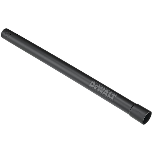 A black cylindrical extension tube attachment for a vacuum cleaner, branded DEWALT, shown on a white background.