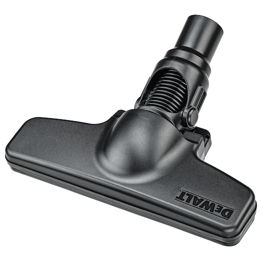 A close-up view of a black vacuum cleaner floor attachment with the DEWALT brand logo, designed for use with compatible vacuum models.