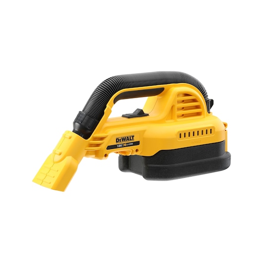A yellow DEWALT handheld cordless vacuum cleaner with a flexible hose and nozzle attachment, model DCV517N, designed for portable cleaning tasks.