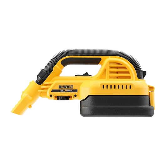 A yellow and black DEWALT portable vacuum cleaner, model DCV517N, featuring an 18V Li-Ion battery compartment and a flexible hose, shown against a white background.