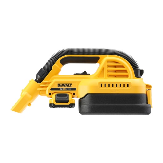 A yellow and black portable handheld vacuum cleaner with a flexible hose, labeled DEWALT 18V XR Li-Ion. The vacuum is designed for efficient cleaning in various environments.