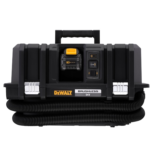 Front view of a DEWALT 54V brushless portable dust extractor with a black handle, two silver clasps, and a coiled hose attached at the bottom.