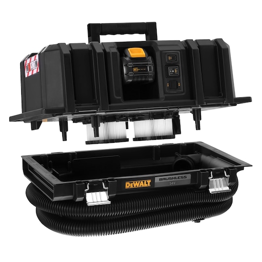 A DEWALT brushless 54V cordless dust extractor with a modular black plastic case, shown open with visible filters, hose, latches, and handle.