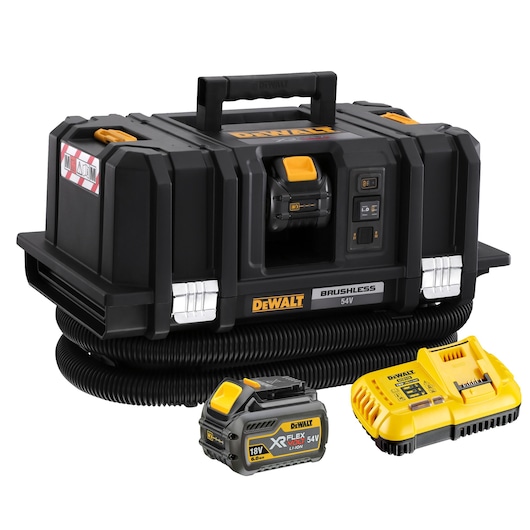 DEWALT DCV586MT2 brushless 54V portable dust extractor kit, featuring a black and yellow dust extractor unit with flexible hose, XR FLEXVOLT lithium-ion battery, and battery charger, all designed for professional cleaning and jobsite use.