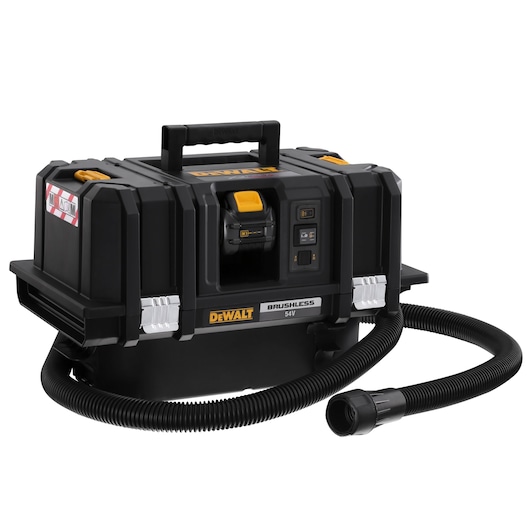 DEWALT DCV586MT2 cordless brushless 54V wet and dry vacuum cleaner with black and yellow design, carrying handle on top, control panel on the front, and flexible hose attached.