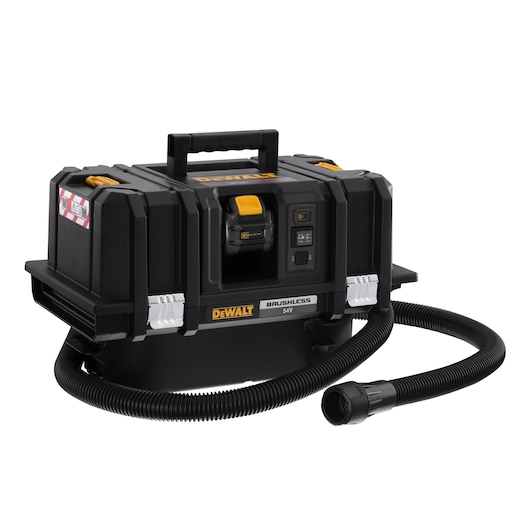 A DEWALT brushless 54V portable wet and dry vacuum cleaner with a black and yellow design, featuring a control panel on the front and a flexible hose attached.