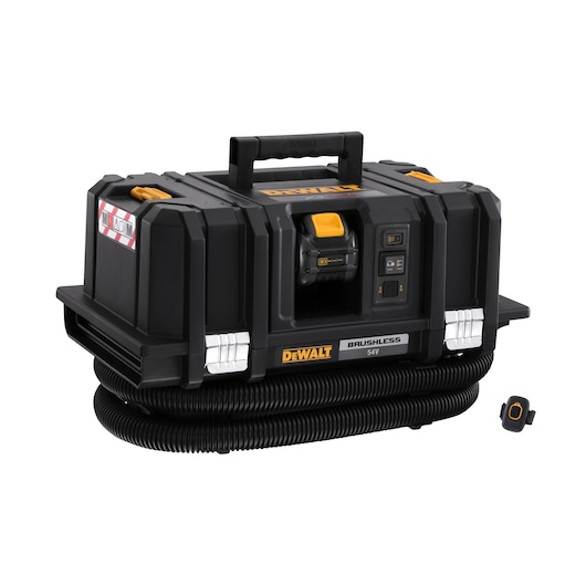 DEWALT 54V cordless brushless portable vacuum cleaner with flexible hose, carrying handle, and control buttons on the front. The vacuum is black with yellow accents and includes a removable battery and accessory shown on the side.