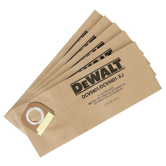 A set of five DEWALT DCV9401 vacuum cleaner dust bags made of brown paper, suitable for select DEWALT models. The bags are fanned out and display the product code and compatibility information.