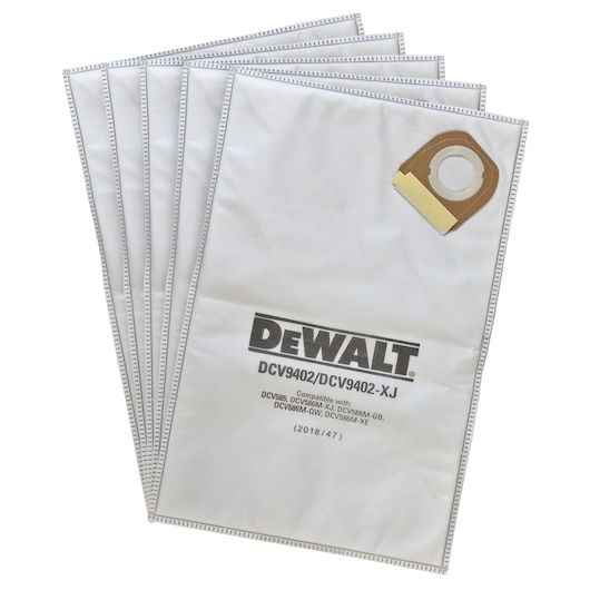 A pack of DEWALT DCV9402-XJ vacuum dust bags, compatible with various DEWALT vacuum models. The bags are white with reinforced edges and have a brown cardboard collar with a circular opening.
