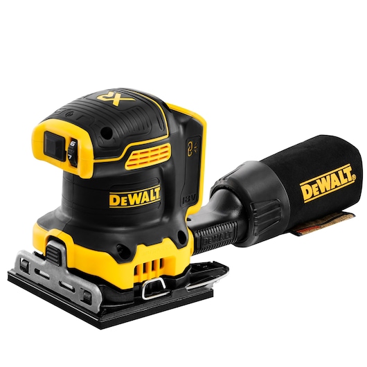 DEWALT 18V cordless brushless detail sander with a black and yellow design, featuring a dust collection bag attached to the rear.