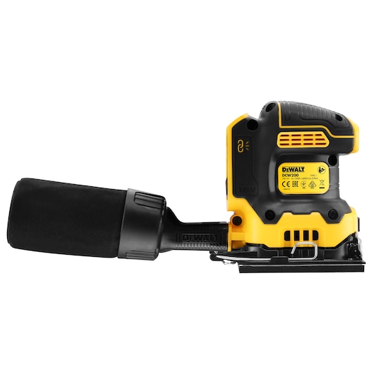 DEWALT DCW200NT cordless detail sander with a black dust bag attached, shown in profile view on a white background. The sander is yellow and black in color, with a DEWALT label and safety markings visible.