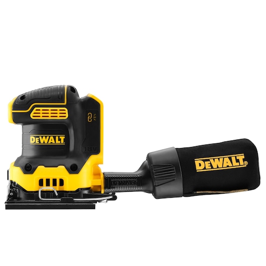 DEWALT 18V cordless electric sander with a rectangular sanding base and attached dust collection bag, shown in a side view. The tool features a yellow and black design and the DEWALT logo is visible on both the main body and dust bag.
