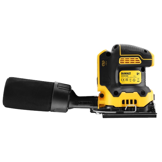 A DEWALT DCW200NT cordless electric sander with a black dust bag attached, shown in side view against a white background.