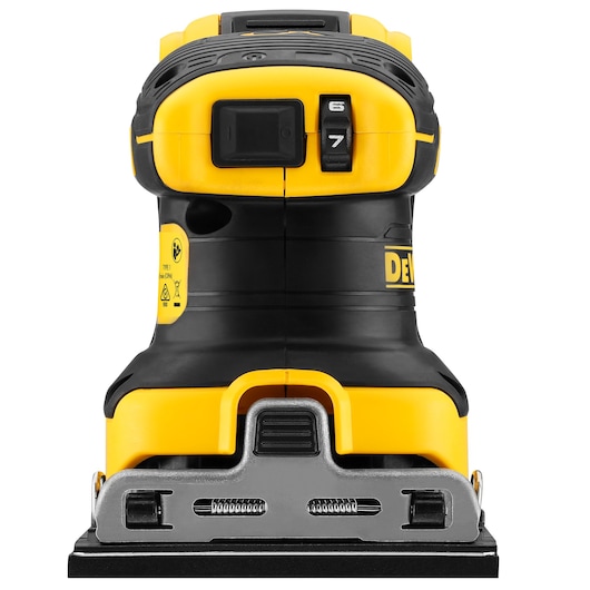 Front view of a DEWALT cordless detail sander, model DCW200NT. The power tool is primarily yellow and black, featuring a compact ergonomic design with rubberized grips, a power switch, and speed control dial visible at the top. The metal base and sandpaper attachment system are also shown.