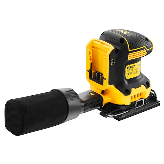 A DEWALT DCW200NT cordless sander with a black dust bag attached, shown on a white background. The tool is yellow and black with visible label and vents.