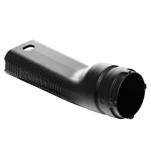 A black DEWALT accessory, possibly a dust extraction adapter or attachment, made of plastic with a cylindrical opening and textured grip, shown on a white background.