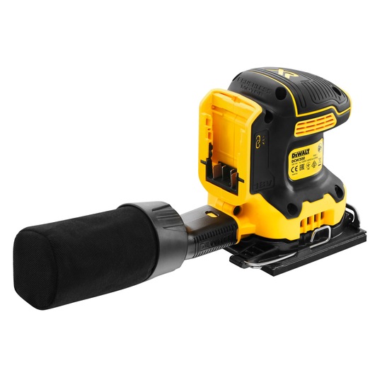 A DEWALT DCW200N cordless electric sander in yellow and black, shown with a dust collection bag attached. The sander is designed for woodworking and surface finishing tasks.