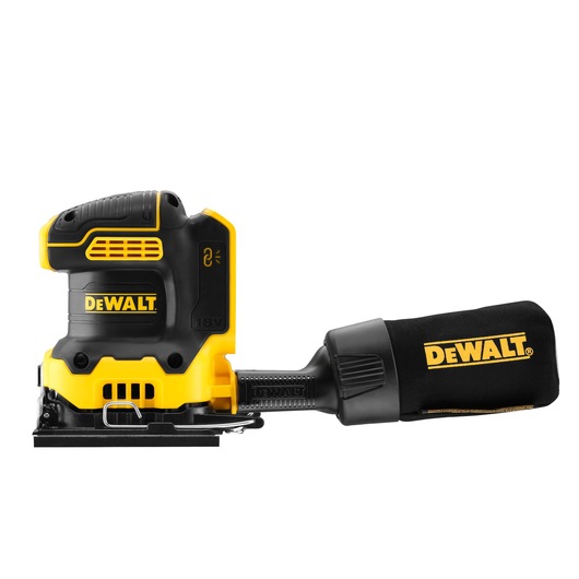 A DEWALT 18V cordless detail sander with a black and yellow body and an attached dust collection bag. The product is photographed on a white background.