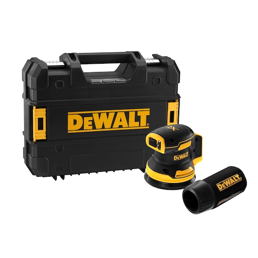 A DEWALT cordless random orbital sander set, including a black and yellow sander, dust collection attachment, and a sturdy black DEWALT carrying case.