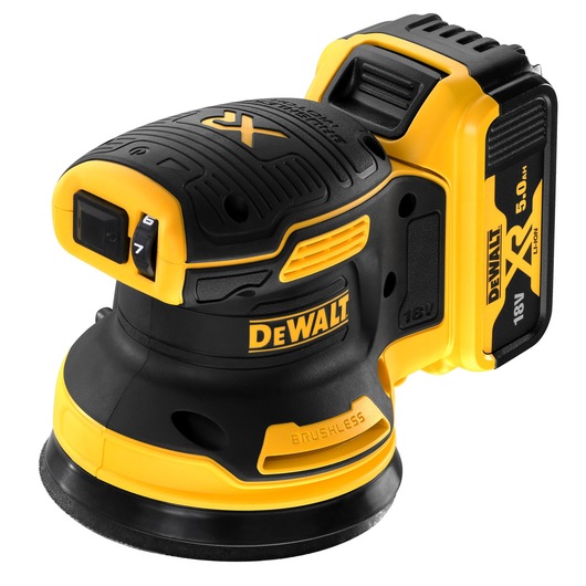 A DEWALT cordless random orbital sander with a black and yellow design. The tool features an 18V XR 5.0Ah lithium-ion battery and a brushless motor, designed for sanding surfaces efficiently.