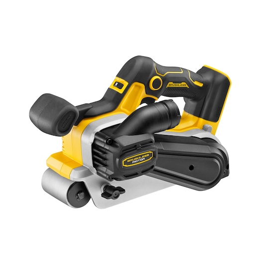 A DEWALT cordless belt sander with a brushless motor, shown in black and yellow, designed for woodworking and sanding tasks.