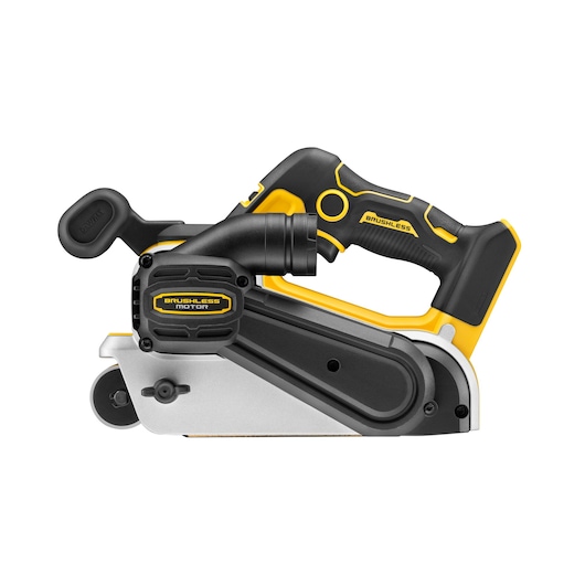 A yellow and black cordless belt sander tool with a brushless motor, shown in profile on a white background.