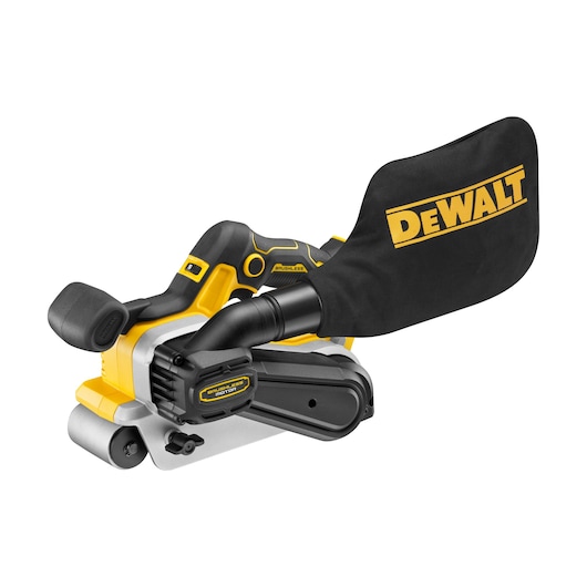 A yellow and black DEWALT cordless belt sander with a dust collection bag attached.