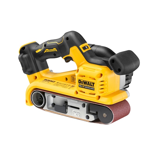 A yellow and black DEWALT cordless belt sander with a brushless motor and an 18V XR label. The tool features a handle, control switch, and abrasive sanding belt. The product is shown on a white background.