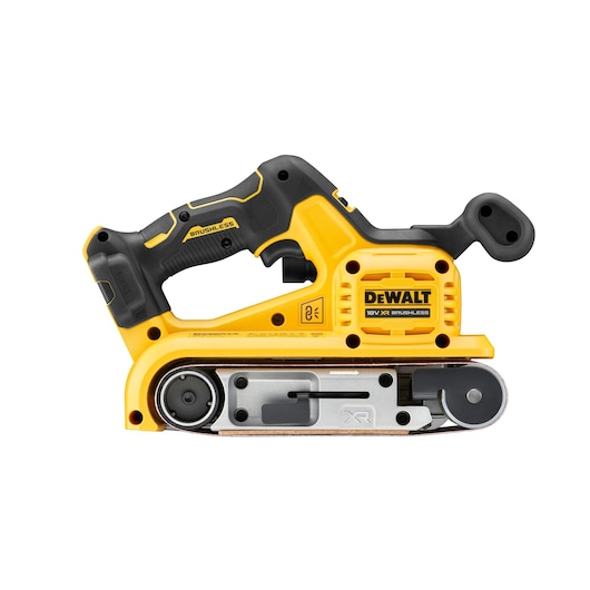A DEWALT cordless belt sander, model DCW220N, in yellow and black colors. The tool features a brushless motor and ergonomic handle design.