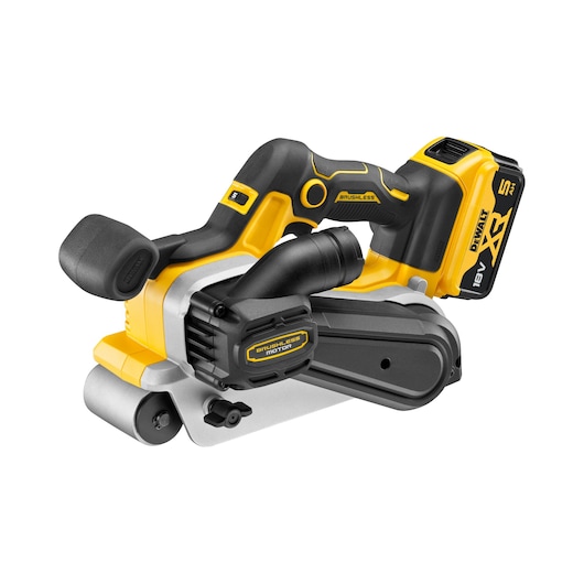 A DEWALT cordless brushless belt sander with an 18V XR lithium-ion battery, featuring a black and yellow design.