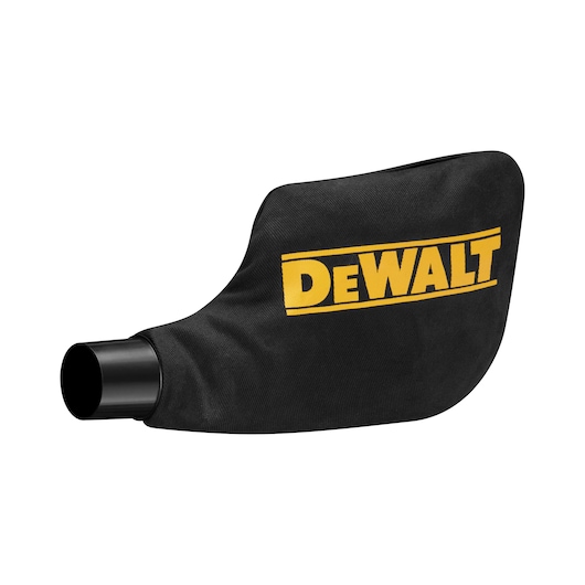 A black dust collection bag with a yellow DEWALT logo on it, shown against a white background. The bag has a black plastic connector for attachment to a tool.