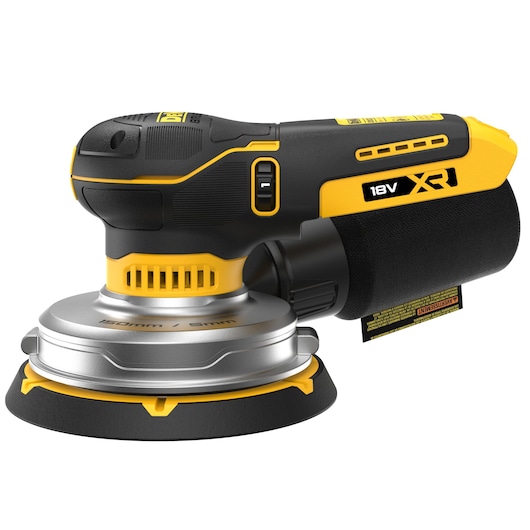 DEWALT 18V XR cordless random orbital sander with black and yellow design and dust bag.